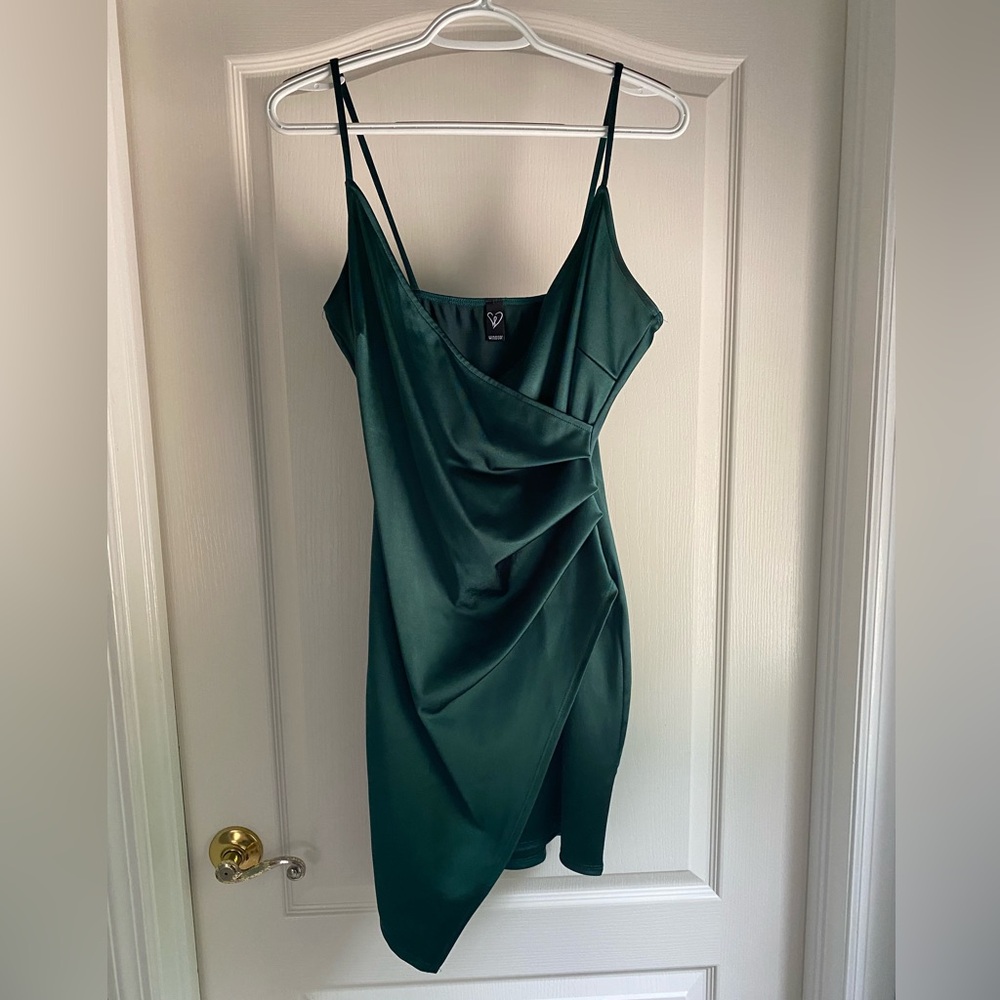 Windsor Green Slip Dress Asymmetrical Ruched Spaghetti Strap